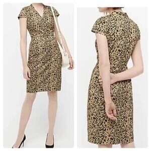 NWOT J. Crew Leopard Print V Neck Sheath Dress Size 8 Tan Cap Sleeves Career
